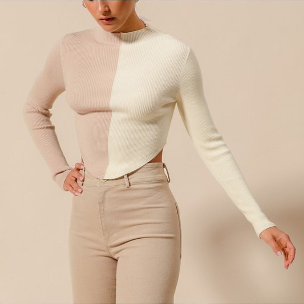 SO ME Color Block Fitted Crop Sweater Top Nuetral Two-Tone Ribbed Sweater Sm Md